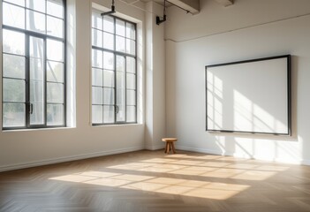 Fototapeta premium Brightly lit empty studio room with large windows casting shadows on the wooden floor and white walls creating a minimalist aesthetic