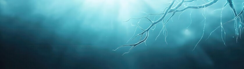 Underwater scene with soft light rays penetrating blue water, creating a serene atmosphere. Ideal for depicting tranquility. podium concept of digital tech blue light background.