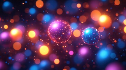 Glowing spheres and bokeh lights.
