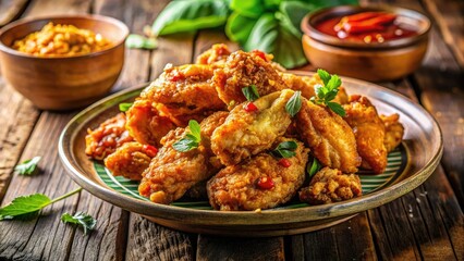 Fototapeta premium Crispy, flavorful Thai fried chicken wings: a delicious recipe with stunning images.