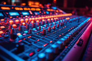 Fototapeta premium professional mixing console with many buttons, controls, equalizers and luminous indicators, creating the atmosphere of a music studio or concert hall. 