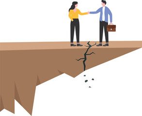 Contract Cancellation, Agreement Termination Concept. Couple of Tiny Male Characters Tearing Huge Paper Sheet with Terminated Contract

