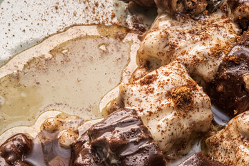 Close-up food photo of a chocolate dessert with complex textures. Gourmet dessert concept idea with unique design.