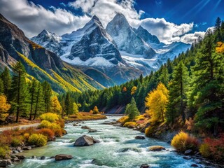 Obraz premium Daocheng Yading: Sichuan's snow-capped peaks and ancient pines create a breathtaking landscape.