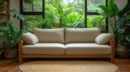 Serene Living Room with Beige Sofa and Lush Greenery