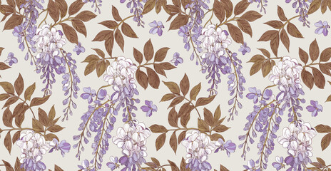 a repeating pattern of lilac flowers and leaves in shades of purple, green, and white against a light purple background. Lilacs are deciduous shrubs or small trees known for their fragrant flowers tha