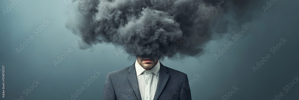 Poster stressed businessman with exploding head under a dark cloud of smoke, representing burnout, informat