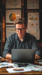 Fototapeta premium Business finance professional working on a laptop, surrounded by data charts and financial graphs, symbolizing expertise and precision