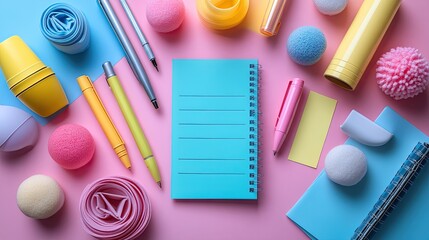 Colorful stationery and office supplies arranged on a pink and blue background for creative inspiration