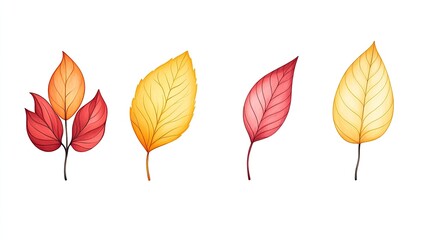 Colorful autumn leaves in various shapes and sizes arranged artistically on a white background