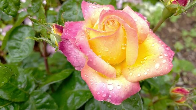 Hybrid Tea Rose (Gloria Dei).
A beautiful, bright, multicolored rose with dew on its petals. 