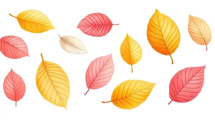 Colorful autumn leaves falling gracefully against a white background, perfect for seasonal designs