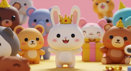 Cute Cartoon Animal Party with Bunny Wearing Crown and Gift Boxes in Celebration Illustration