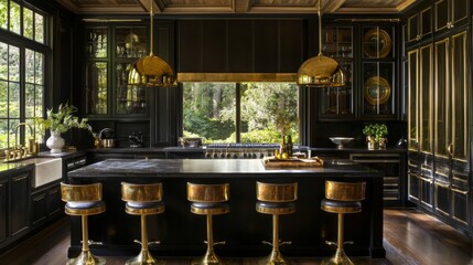 A contemporary kitchen with an elegant mix of dark wood and matte black cabinetry, paired with gold lighting. --chaos 20 --ar 16:9 --quality 2 --v 6.1 Job ID: 40311adb-c10e-4c8c-8083-ce295aa9df65