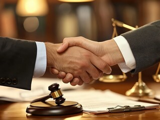 Business partners sealing a deal with a confident handshake, surrounded by legal documents and contracts