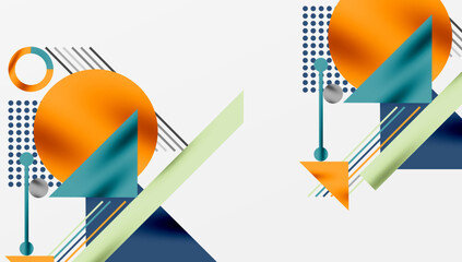 Geometric Abstract Background with Bold Shapes and Contrasting Colors. Circles, triangles, squares and lines with shadow effect