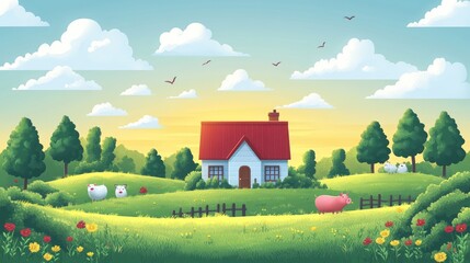 A serene countryside scene featuring a cozy house surrounded by vibrant fields, animals, and trees