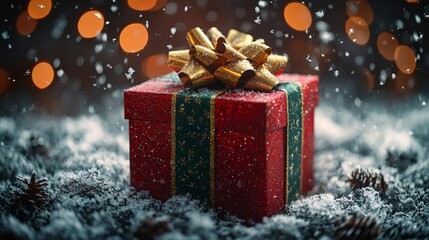 Festive Holiday Gift Box Wrapped in Red and Green with Golden Bow Surrounded by Soft Snowflakes