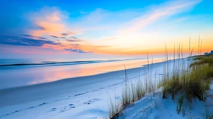 Papier peint photo Le salon Foggy beach at dawn with soft pastel colors, mist rolling over the dunes, tranquil and moody ambiance, peaceful coastal solitude  © jitthanant