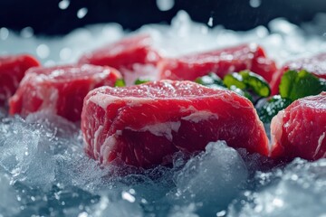 Fresh cuts of premium beef displayed on ice with a sprinkle of herbs and water droplets