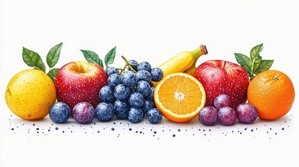 Vibrant assortment of fresh fruits including apples, grapes, oranges, and a banana on a clean background