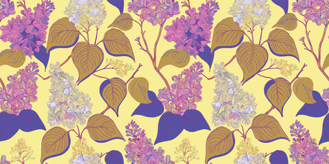 Repeating pattern of lilac flowers and leaves against a yellow background, with purple and brown accents.