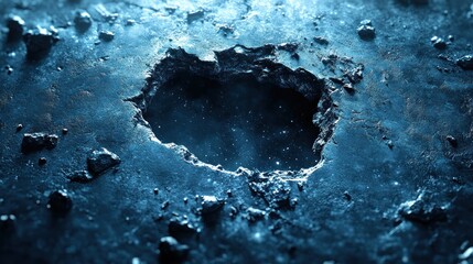 Hole in dark, rocky surface revealing space.