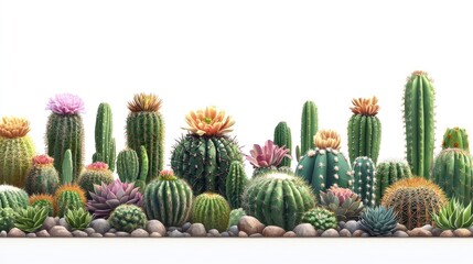 A vibrant collection of various cacti and succulents arranged on a white background, showcasing their unique shapes and colors