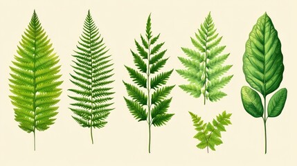 A collection of various fern leaves showcasing their intricate shapes and textures against a soft background