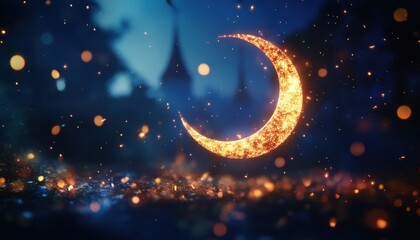 Glowing Crescent Moon in a Dark Night Sky with Sparkling Lights