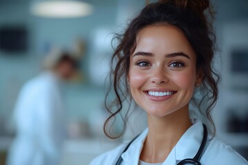 Healthcare professional radiating happiness in a clinical environment during daytime