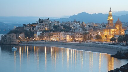 Coastal Town at Dusk: Picturesque Mediterranean Village with Church and Mountain backdrop