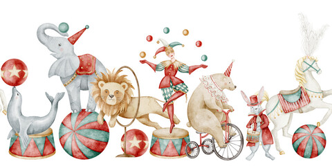 Watercolor Circus Border with cute animals. Illustration of seamless Carnival pattern with lion, elephant, bear and juggler for childish party greeting cards or baby festival invitations. © Alisles