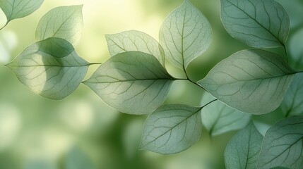Delicate green leaves gently swaying in soft sunlight, creating a serene and tranquil atmosphere