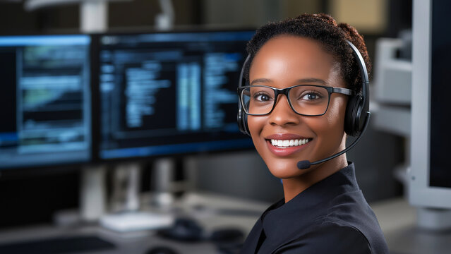 Portrait of a smiling programmer wearing headset, working on computer in a modern office