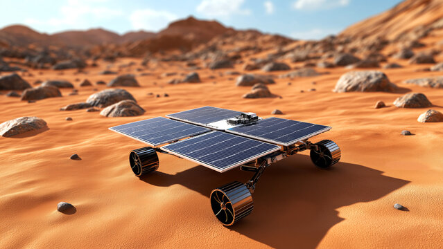 Autonomous rover exploring mars using solar panels for power on a sunny day - Powered by Adobe
