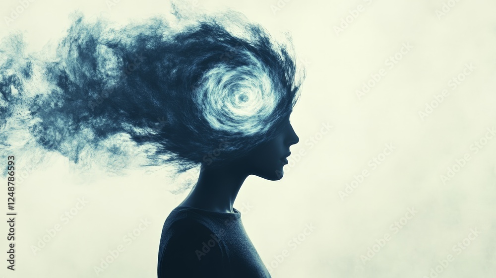 Poster surreal image of a woman experiencing a mental breakdown, with her head exploding into a swirling vo