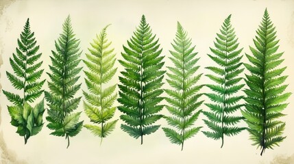 A vibrant collection of various fern leaves displayed in a harmonious arrangement on a soft background