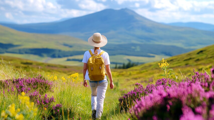 Woman with backpack hiking in the mountains enjoying beautiful landscape with blooming heather flowers