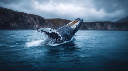 Fototapeta premium Humpback whale breaching near dramatic cliffs.