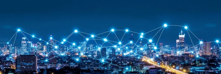Obraz premium Connected Urban Landscape City Network At Dusk With Blue Lights, Lines, And Web Of Connections