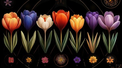 Vibrant illustration of various tulip flowers arranged in a decorative pattern on a dark background