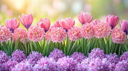 Vibrant spring garden showcasing blooming tulips and pink flowers in a sunny setting