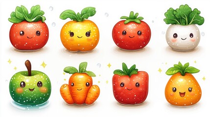 Cute cartoon fruits and vegetables with smiling faces, colorful and cheerful, ideal for children's products