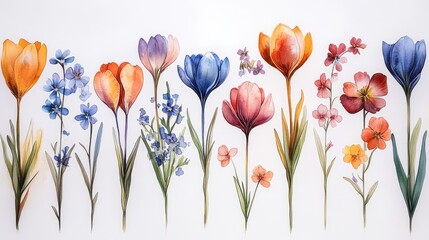 Vibrant watercolor illustration of various flowers arranged in a colorful display on a white background