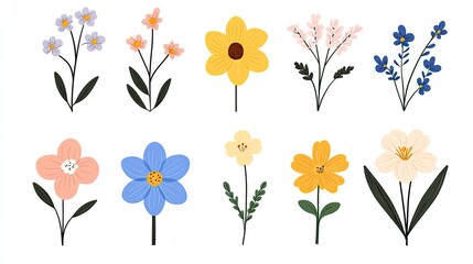 Colorful floral illustration featuring various flowers with diverse shapes and colors