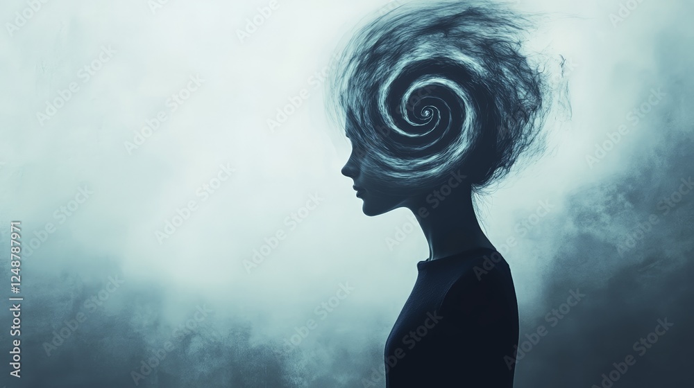 Poster Surreal portrait of a woman with a swirling vortex of thoughts exploding from her head. Symbolizing information overload. Burnout. Stress. Migraine. Or dementia. Against a foggy. Dreamlike background