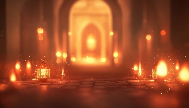 Glowing Orange Lights in a Dark Stone Hallway