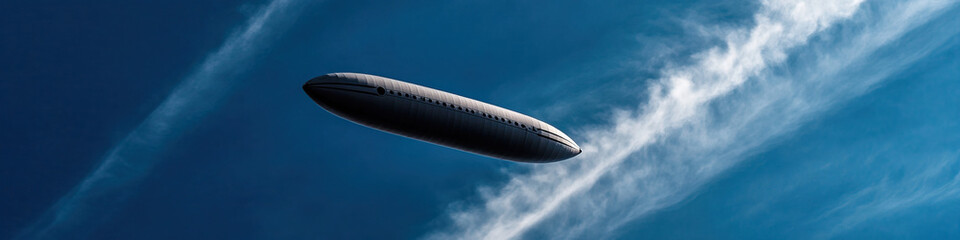 Obraz premium Airship in Flight Against a Blue Sky with Cirrus Clouds