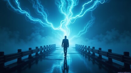 Fototapeta premium Man walking on a bridge under an electric storm at night surrounded by blue lightning
